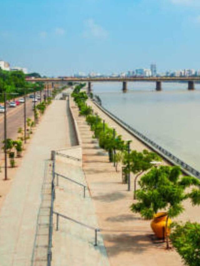 Sabarmati riverfront aerial view in the city of Ahmedabad, Gujarat state of India